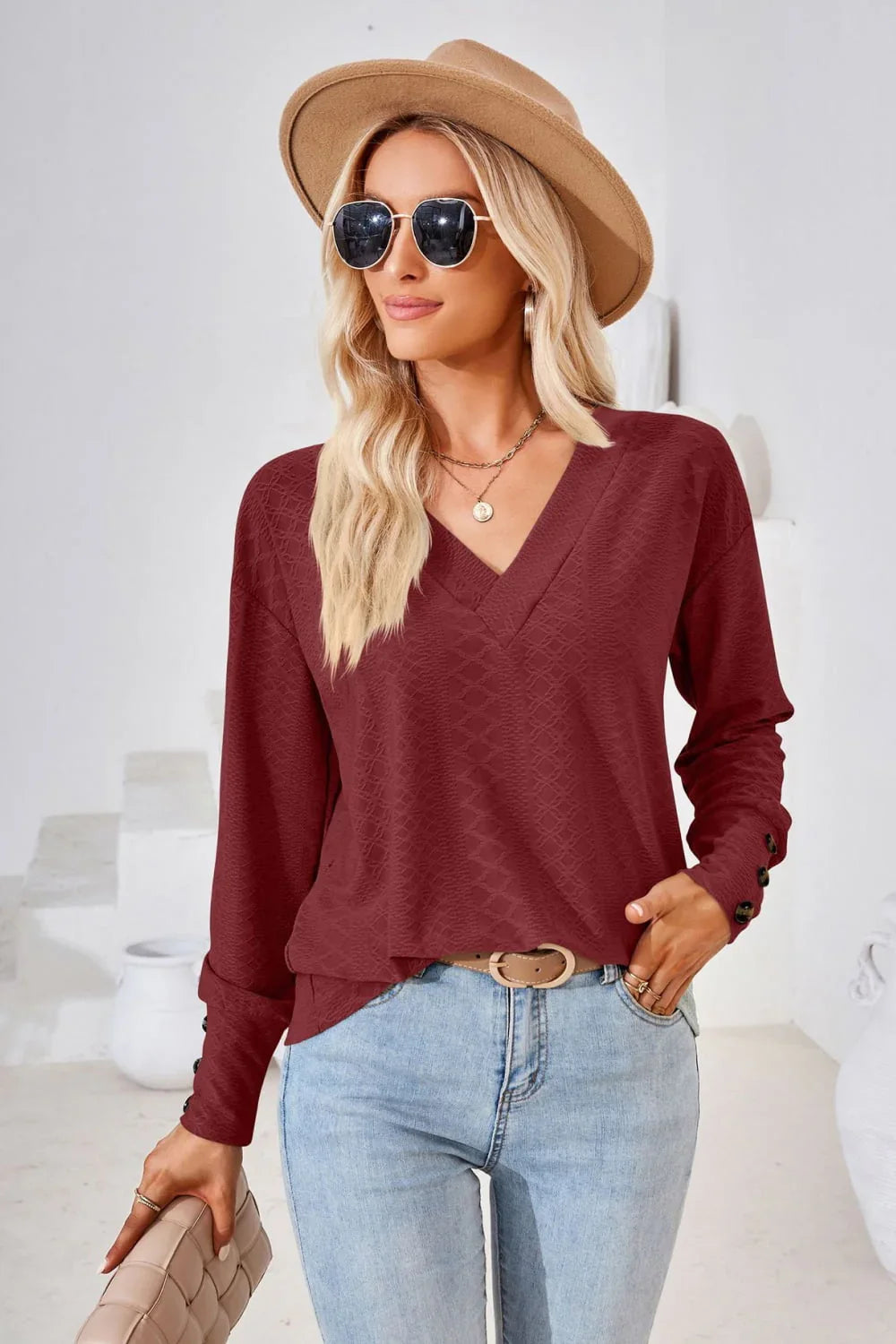 V - Neck Long Sleeve Blouse - VILLA FASHION